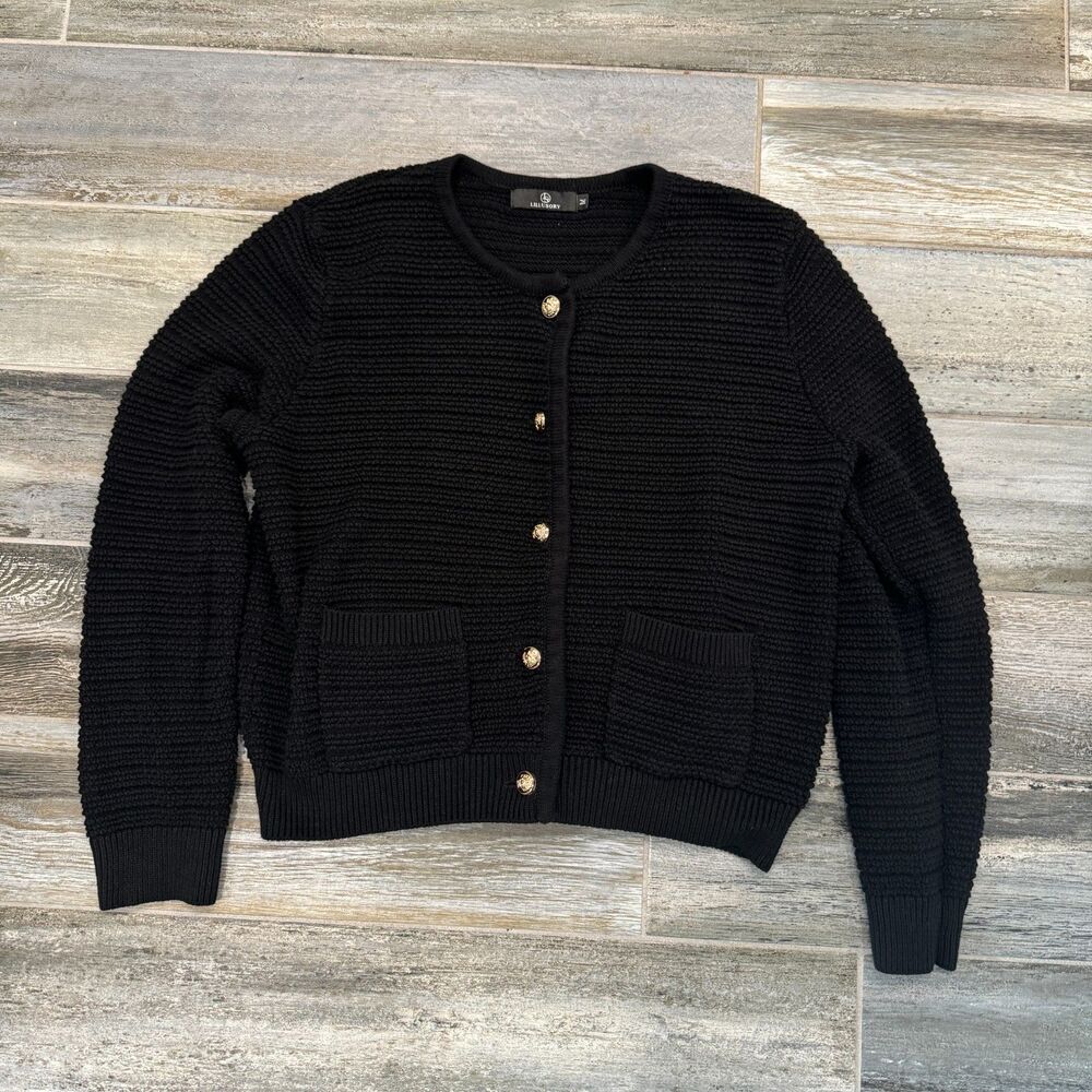 Lillusory Black Cardigan Sweater Gold Buttons Front Pockets Cable Knit Office M